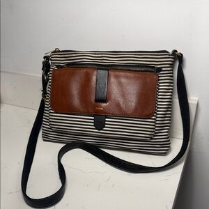 Fossil Black & White Striped Crossbody with Brown Leather Flap